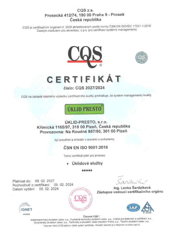  JSME DRŽITELI CERTIFIKÁTU ISO 9001 - MANAGEMENTU KVALITY!